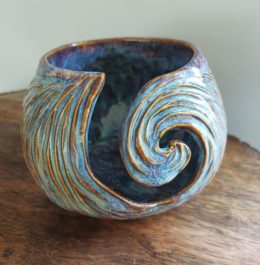Handmade Ceramic Yarn Bowl - Carved #2