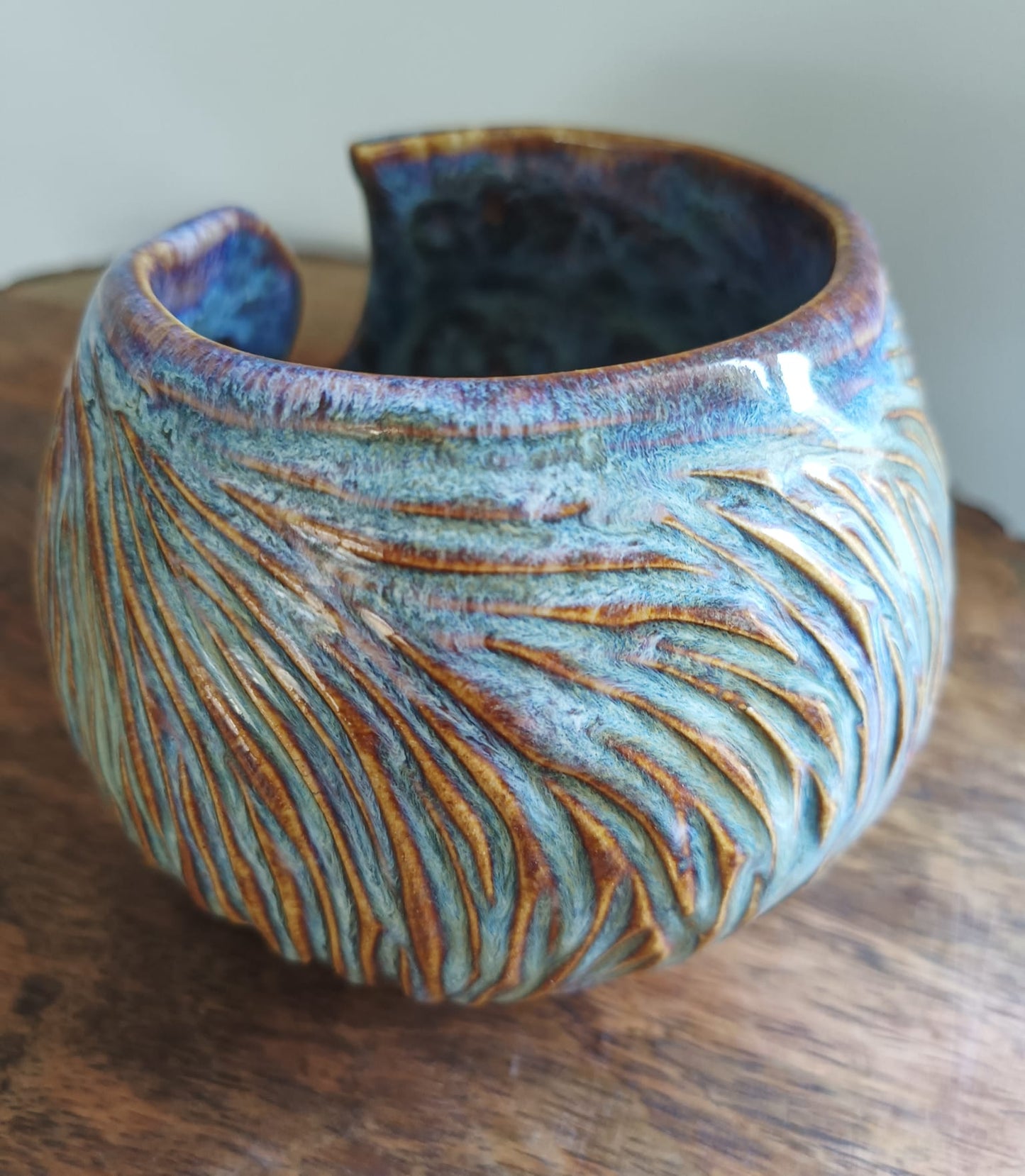 Handmade Ceramic Yarn Bowl - Carved #2